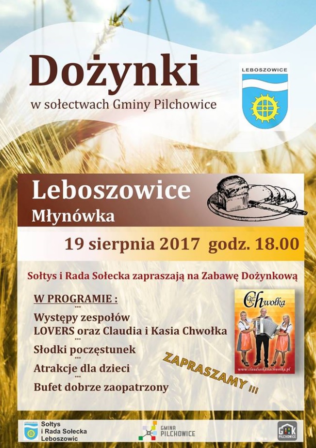 Plakat dożynkowy informujący o programie dożynek w Leboszowicach